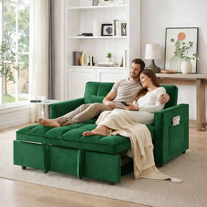 3 in 1 Convertible Sleeper Sofa Bed 55 Pull Out Couches Modern Loveseat Sleeper Sofa with Adjustable Reclining Backrest &amp Side Pockets for Living Room Velvet Fabric Green
