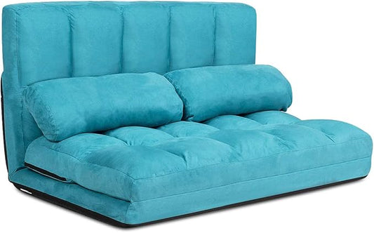 S AFSTAR Safstar Floor Folding Couch and Futon Sofa 6-Position Fabric Sleeper Sofa Bed with 2 Pillows and Sponge Filling Adjustable Lazy Sofa for Living Room and Bedroom (Blue)