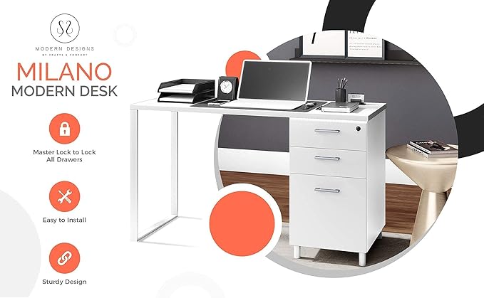 Modern Design Milano Office Desk with 3 Locking Drawers 48 Inch White Industrial Wood Desk with Filing Drawer and Storage by Crafts and Comfort