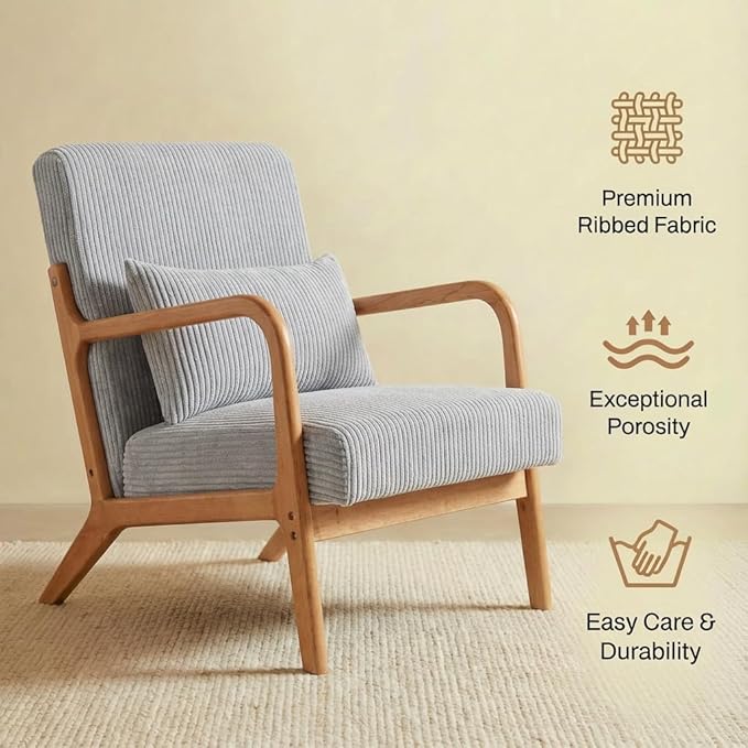 Corduroy Upholstered Mid Century Modern Accent Chair with Wide Armrests and Pillow Comfy Reading Armchair for Living Room Bedroom Guest Room (Light Grey+Light Oak Finish Frame)