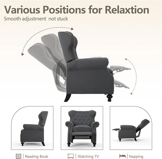 Pushback Recliner Chair Fabric Armchair Push Back Recliner with Rivet Decoration Mid Century Wingback Accent Chair for Living Room Bedroom Stable Hump Feet (Charcoal)
