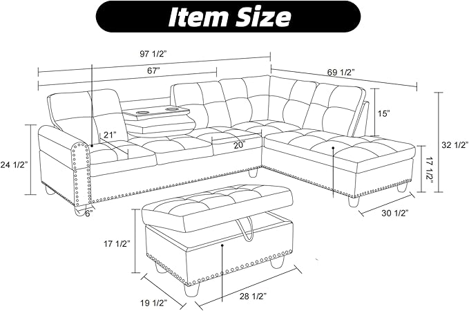 L Shaped Sectional Couch with Ottoman Modern Leather Modular Sectional Sofa with Cup Holder Nail-Head Design L Shaped Couch for Living Room Bedroom Brown