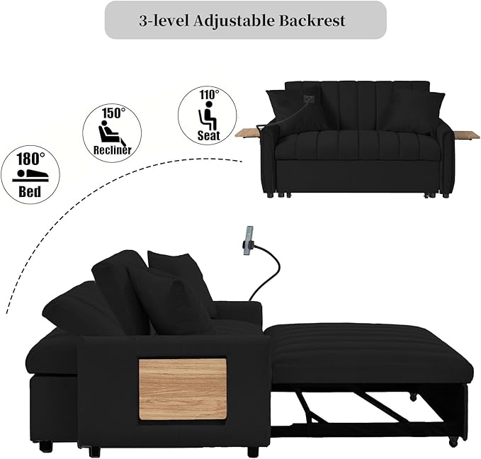 Loveseat Sleeper Sofa 3 in 1 Convertible Sofa Bed Adjustable Backrest Comfy Pull Out Couch Modern Upholstered Sofa for Living Room Bedroom Apartment Small Space (d-Black)