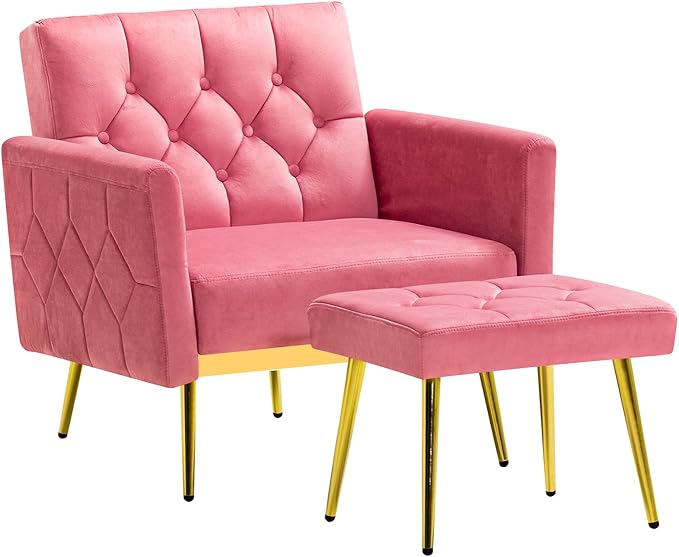 Velvet Accent Chair w/Adjustable Armrests and Backrests Tufted Single Sofa with Ottoman Upholstered Reading Chiar for Living Room Apartment Bedroom Pink