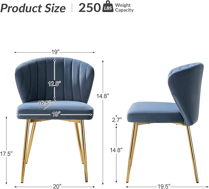 HULALA HOME Velvet Dining Chairs Modern Small Armless Accent Chair with Gold Metal Legs Living Room Upholstered Cute Side Chair Elegant Tufted Back Vanity Chair for Bedroom Slate-Blue