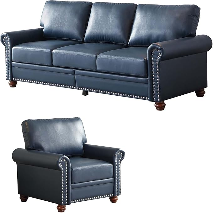 Antetek 2-Piece Comfy Upholstered Faux Leather Sofa Couch Set Mid-Century Modern Single Sofa Chair(1 Unit) + 3 Seater Couch(1 Unit) with Storage Space for Living Room Furniture Set Navy Blue
