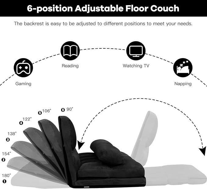 COSTWAY Floor Sofa Couch with 2 Pillows Foldable 6-Position Adjustable Lazy Sofa Bed Sleeper with Metal Frame Soft Suede Fabric Gaming Playing Lounge Recliner for Adults (Black)