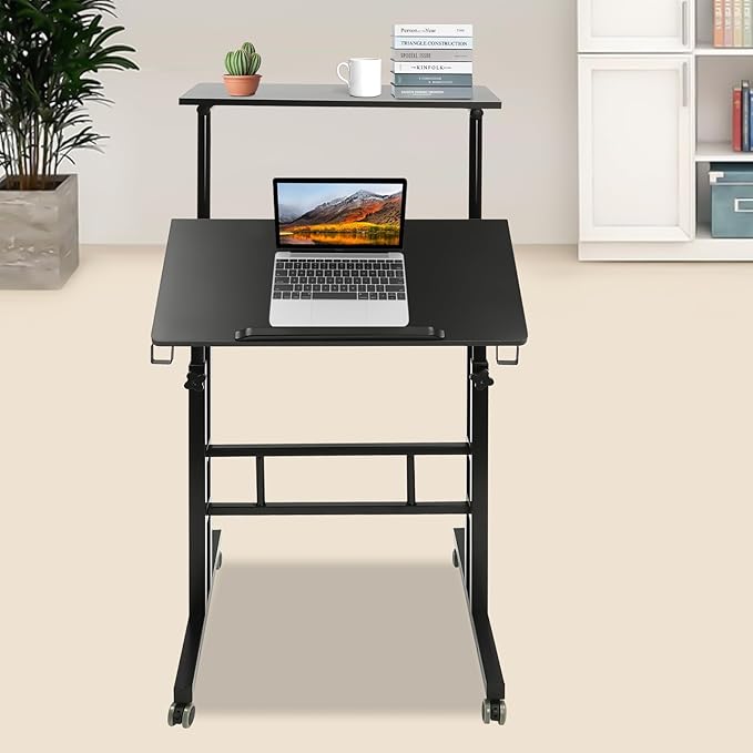 Standing Desk Adjustable Laptop Desk Mobile Stand up Desk with Wheelsfor Standing or Sitting Portable Computer Desk for Home OfficeStudent DormitoriesGame Rooms-Black