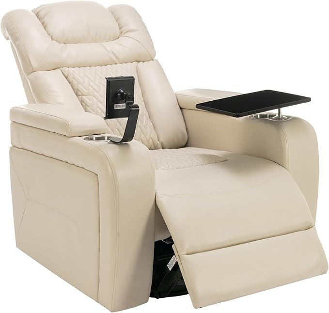 270 Degree Swivel Chair PU Leather Power Recliner Individual Seat with Comforable Backrest Tray Table Phone Holder Cup Holder USB Port Hidden Arm Storage for Living Room Home Theater White
