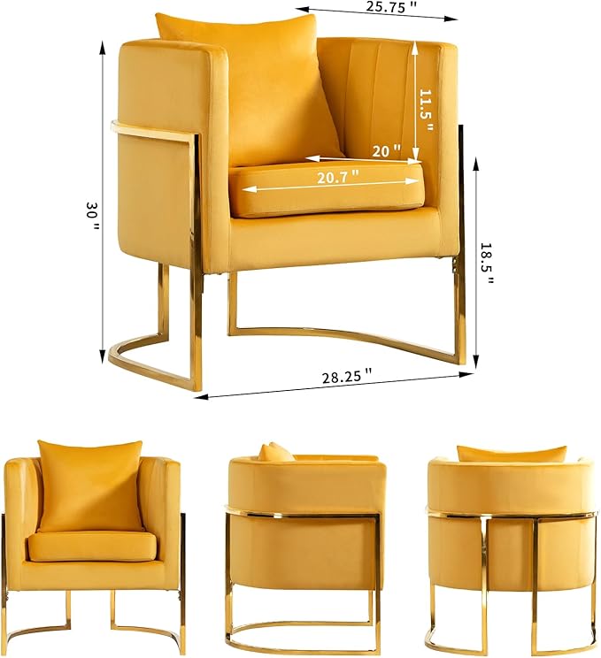 Velvet Modern Accent Chair Upholstered Barrel Armchair Mid Century with Pillow for Living Room Comfy Single Vanity Chair with Metal Gold Legs for Bedroom Yellow
