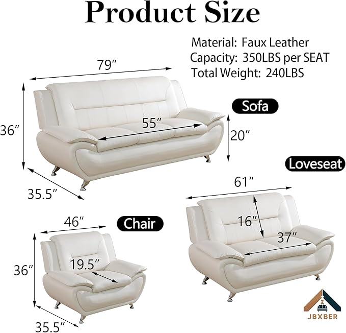 Living Room Furniture Set for Living Room Faux Leather Couch Sets Modern Couch for Apartment Home Office(3 Piece SetCream)