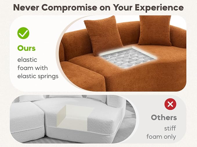 Yoglad 110‘’ Boneless Curved Sofa Modern Cloud 4-Seater Floor Couch Minimalist Compression Sofa for Living Room Apartment Studio Office No Assembly Needed(Chenille Orange)
