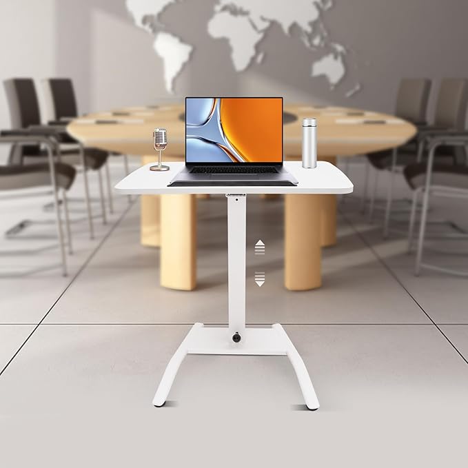 Rolling Desk 26.46lbs Load-Bearing Capacity Floor Mount Rolling Desk Commerical Computer Desk with Adjustable Height 28-42.5inch and 2 Lockable Wheels for Home Offices Meeting Rooms(White)