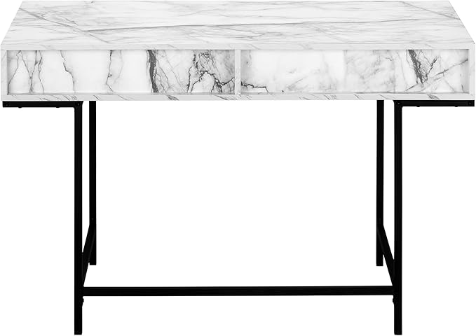 Penau Computer Desk for Home Office White Marble Look with 2 Storage Drawers Contemporary Black Metal Frame 48 Inch