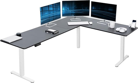 VIVO Corner Standing Desk 84 x 63 inch Reversible L-Shaped Workstation Electric Height Adjustment Home Office and Reception Rooms Black Table Top White Frame DESK-E3CTWB-84