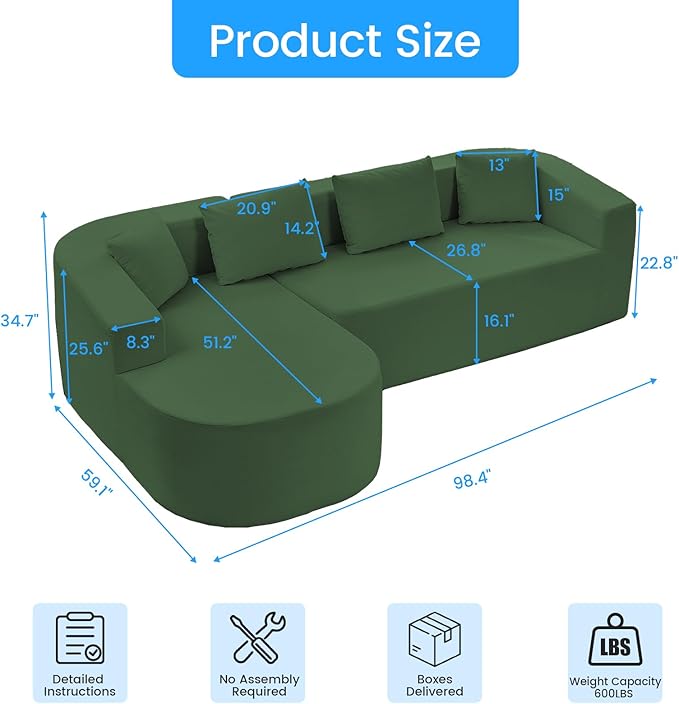 PUREMIND 98 L Shaped Sectional Couches for Living Room Boneless Comfy Modern Sofa Cloud Sectional Modern Sleeper Couch with Chaise for Bedroom Apartment No Assembly Required (Green)