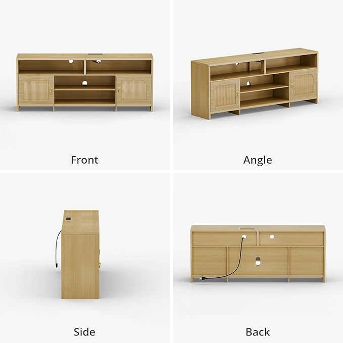 Fluted TV Stands for Living Room 70 Mid-Century Modern Entertainment Center with LED Lights and Open Storage Shelves Curved TV Media Console (Natural Oak)