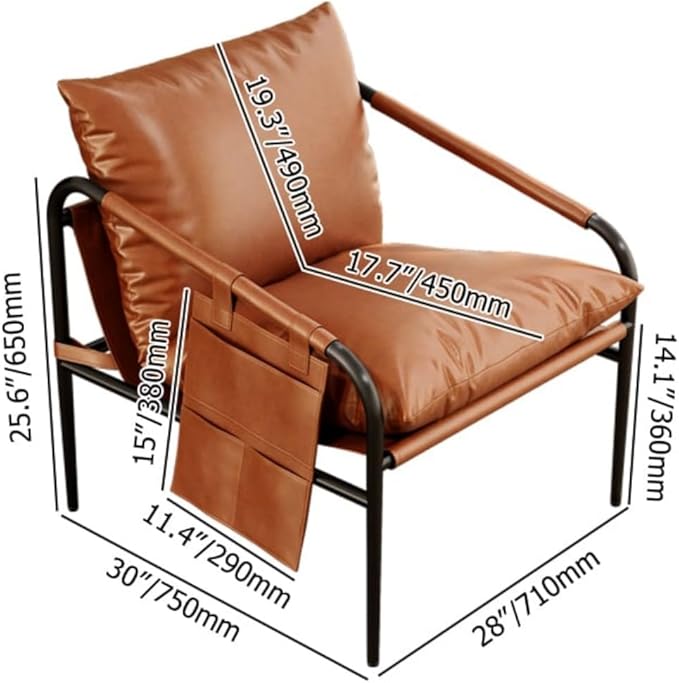 homary Brown Leather Accent Chair for Living Room Modern Armchair with Metal Frame Padded Arms Side Pockets &amp Soft Supportive Cushion Comfortable Reading Chair for Bedroom or Office
