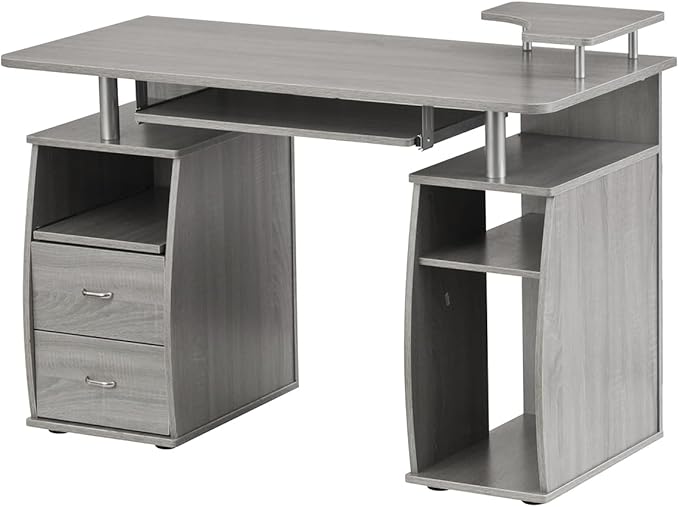 Computer Workstation Desk with Shelf &amp Drawers - Gray Home Office Desk