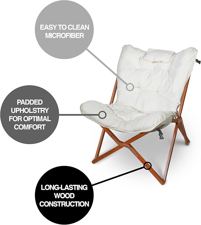 Zenithen Indoor Wood Butterfly Folding Accent Chair Perfect for Dorm Rooms Bedrooms and Living Rooms Use for Reading Writing Studying Gaming and Movies White