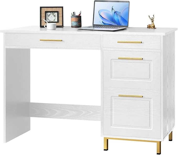 4 EVER WINNER White Desk with Drawers and Golden Handles 43 Home Office Desks with Drawers Computer Wrighting Table with Storage for Bedroom White and Gold Desk