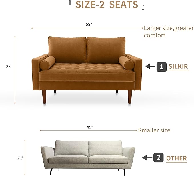 SILKIR Velvet Loveseat Sofa Love Seats Furniture for Small Spaces Mid-Century Modern Loveseats for Living Room Love Seat Couch 58 Inches Ginger