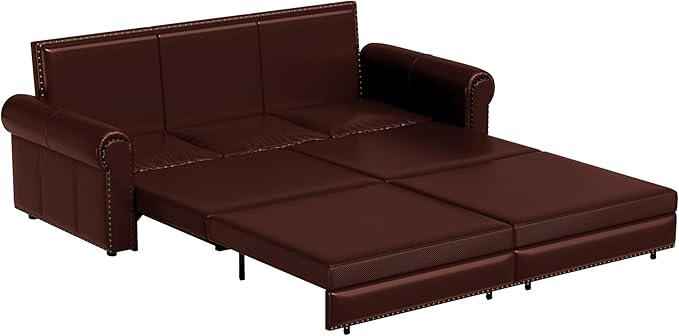 93.7 Faux Leather Convertible Sleeper Sofa 3 in 1 King Size Pull Out Sofa Bed Loveseat Couch for Living Room Bedroom Burgundy