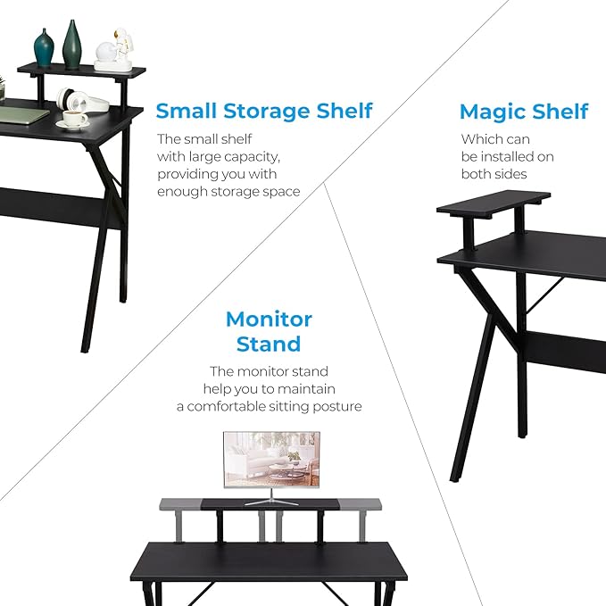 GreenForest Home Office Desk with Monitor Shelf Computer Gaming Desk 47 inch Writing Study Table for Workstation Black