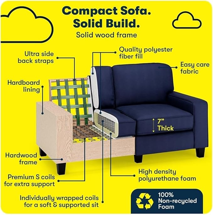 Pemberly Row 61 Track Arm Loveseat Sofa Navy Blue Polyester Upholstery Removable Covers Compact Space-Saving Design Solid Wood Frame Modern Style for Apartments Home Office or Living Room Use