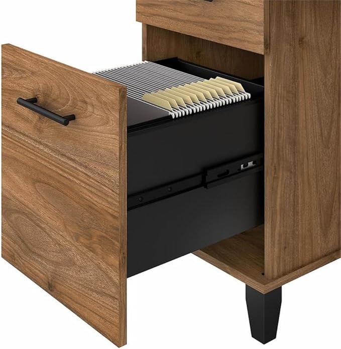 Pemberly Row 3 Position Sit to Stand L Shaped Desk 71W x 66D Engineered Wood Fresh Walnut Finish Lift-n-Lock System Wire Management File and Box Drawers Ergonomic Home Office Desk