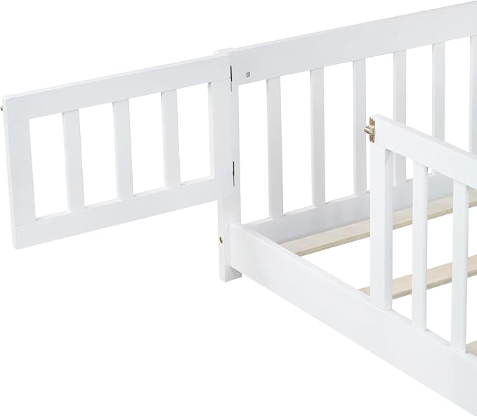 Twin Floor Bed with Slats Fence and Door Twin Size Montessori Floor Bed for Kids Girls Boys Easy Assemble Montessori Bed Frame(Twin White)