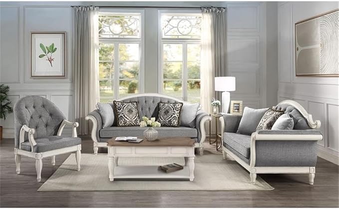 Pemberly Row Button Tufted Fabric &amp Wood Accent Chair Gray/Antique White Finish 41 H x 31 W x 32 D Foam Cushion Wooden Legs Transitional Style for Living Room or Family Room Seating