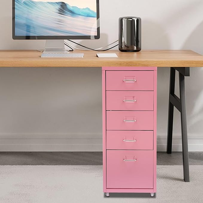 5 Drawer Rolling File Cabinet Metal Vertical File Storage Cabinet w/Index Label 27” Mobile Underdesk Chest for Files Documents Literature Storage Cabinet on Wheels for Home Office Pink