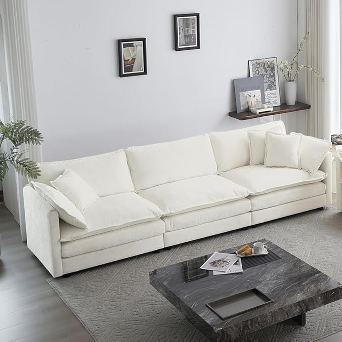 WILLIAMSPACE 111.5 Sectional Sofa Couch for Living Room Mid-Century Modern Upholstered 3 Seater Sofa with 5 Toss Pillows Deep Seat 4 Seat Sofa Furniture for Apartment Chenille Fabric (Cream White)