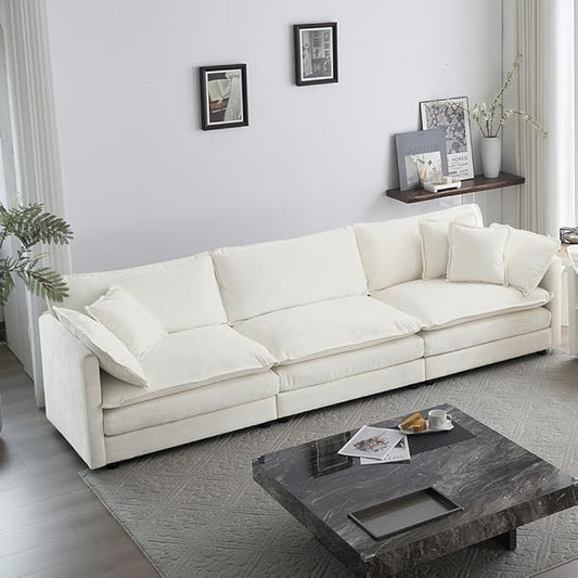 WILLIAMSPACE 111.5 Sectional Sofa Couch for Living Room Mid-Century Modern Upholstered 3 Seater Sofa with 5 Toss Pillows Deep Seat 4 Seat Sofa Furniture for Apartment Chenille Fabric (Cream White)