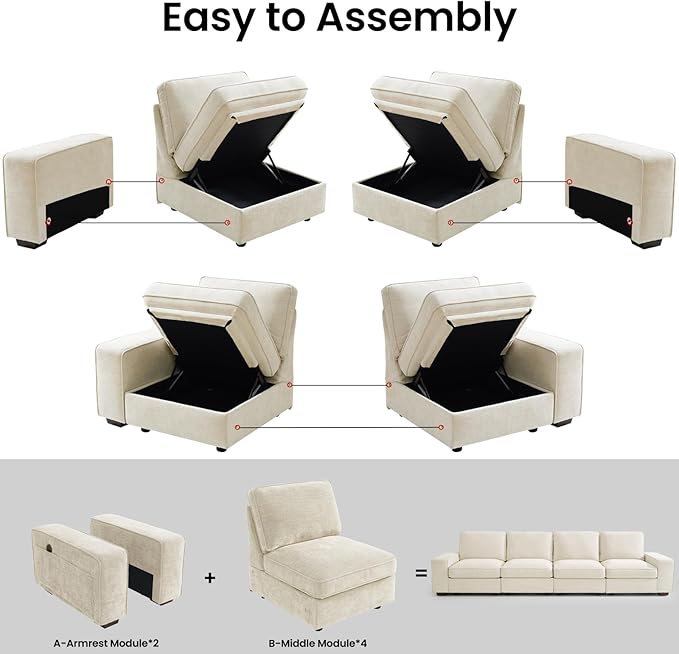 129 4-Seater Modular Sectional Sofa Modern Comfy Chenille Couch with Removable Chenille Washable Cover Seat Storage and USB Charging for Living Room Office Apartment Easy to Install Beige