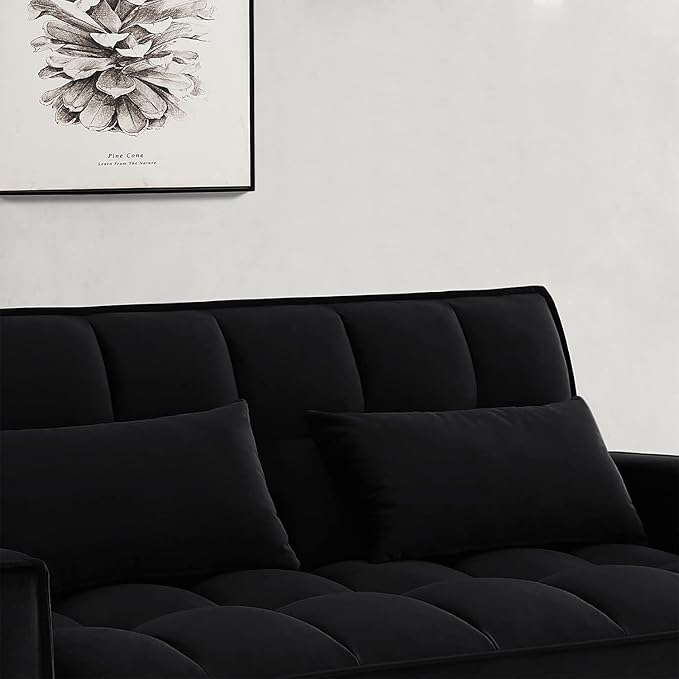 Sleeper Sofa Couch w/Pull Out Bed 55 Modern Velvet Convertible Sleeper Sofa Bed Small Love seat Sofa Bed with 2 Pillows &amp Side Pockets for Small Space Living Room Apartment Black