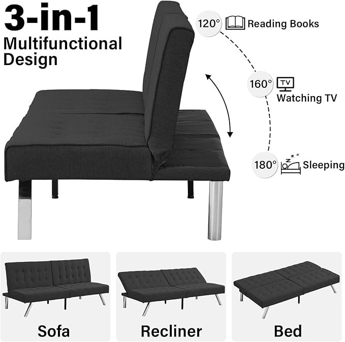 Convertible Sofa Bed Adjustable Couch Sleeper - Fabric Loveseat Futon Bed with Breathable Chenille Metal Legs and Adjustable Lounge - Perfect for Compact Living Space
