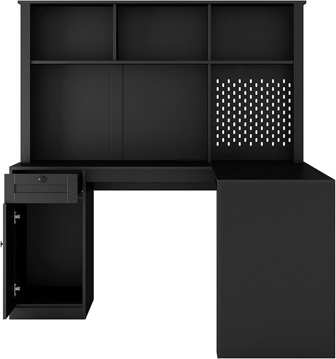 L-Shaped Desk with HutchModern Corner Computer Desk with Power Outlet &amp PegboardHome Office DeskStudy Table Writing DeskCorner Gaming Computer Desk with Storage Black
