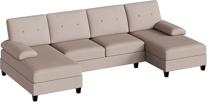 Nuturelly Nutually Sectional Couches for Living Room Convertible U-Shaped Sofa Couch with Double Chaise 4 Seat Sofa Set Modular Sofa Couch with Linen Fabric for ApartmentDark Khaki