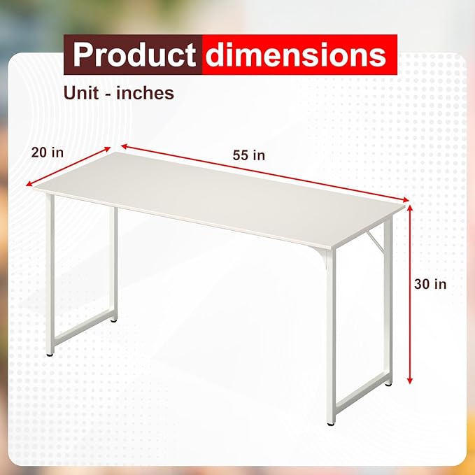 Bigacc Computer Desk Office Desk with Metal Frame Adjustable Feet | Water-Resistant Scratchproof Surface | Sturdy Writing Table for Home Office or Study (White 55 Inch)