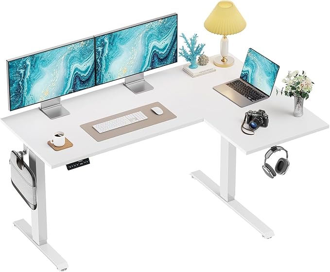 HUANUO L-Shaped Standing Desk 63 x 40 inch Dual Motor Corner Standing Desk Electric Height Adjustable Computer Desk with Cable Tray &amp 3 Preset Heights Raising Desk for Home Office White HNESD