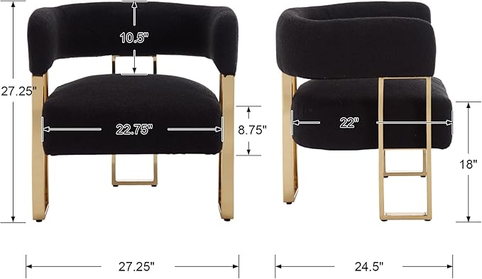 Modern Barrel Accent Chair with Golden Metal Legs Soft Sherpa Upholstered Reading Armchair Boucle Living Room Side Chair for Bedroom/Reception Room/Lounge/Office Black