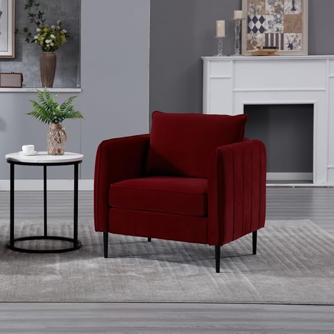Velvet Accent Chair Mid-Century Modern Armchair with Metal Legs Single Sofa Chair for Living Room Bedroom Office Reading Includes Pillow (Wine RED + Steel + Velvet + Wood + 1 Seat + Foam)