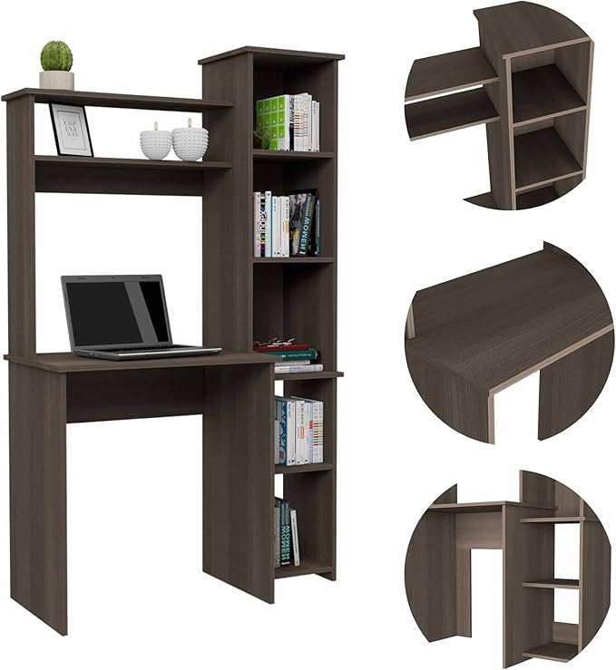 Bellemave Computer Desk with Hutch and Bookshelf Home Office Desks with 6 Storage Shelves Writing Study Desk Table Modern Compact Workstation Bookshelf Desk Brown