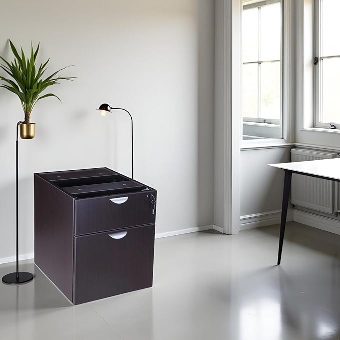 Hanging Pedestal Mahogany Finish Three Quarter Box File Storage Cabinet Mobile Mount Under Desk Organizer Vertical Filing Unit Durable Wood Composite Construction Lockable Drawer Smooth Glide