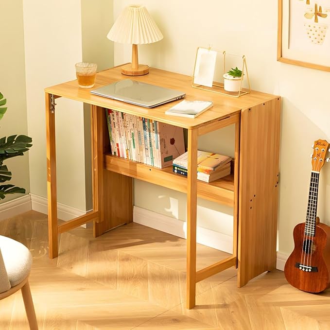 RUNNUP Modern Office Desk 33 L Computer Desk with Wood Base and Collapsible Feature Rectangular Home Writng Working Desk for Living Room Classroom Study Room - Without Chairs Natural