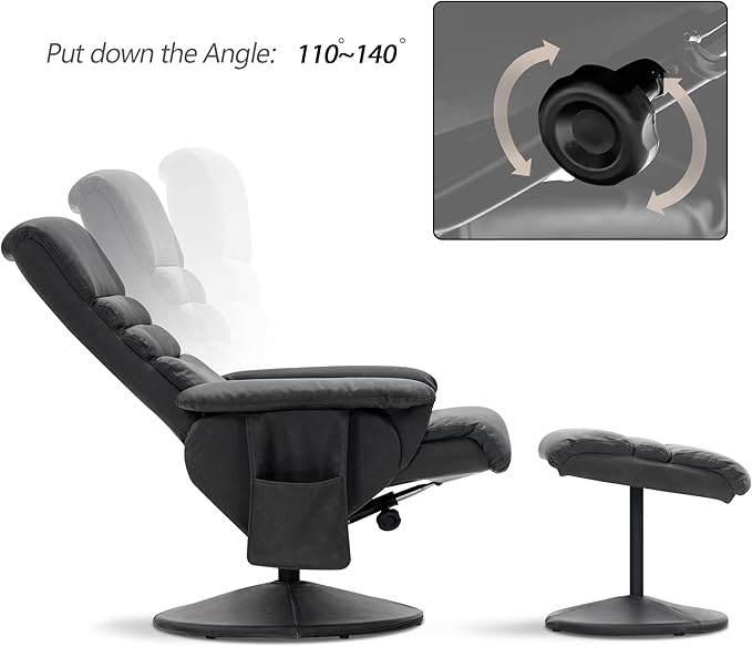 MCombo Recliner with Ottoman Reclining Chair with Massage 360 Swivel Living Room Chair Faux Leather 7902 (Dark Grey)