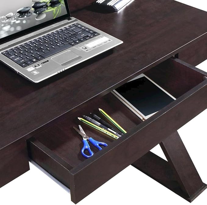 Brown Home Office Desk with Center Drawer Stylish Espresso Modern Computer Desk with Wood Finish and X-Shaped Steel Support Frame