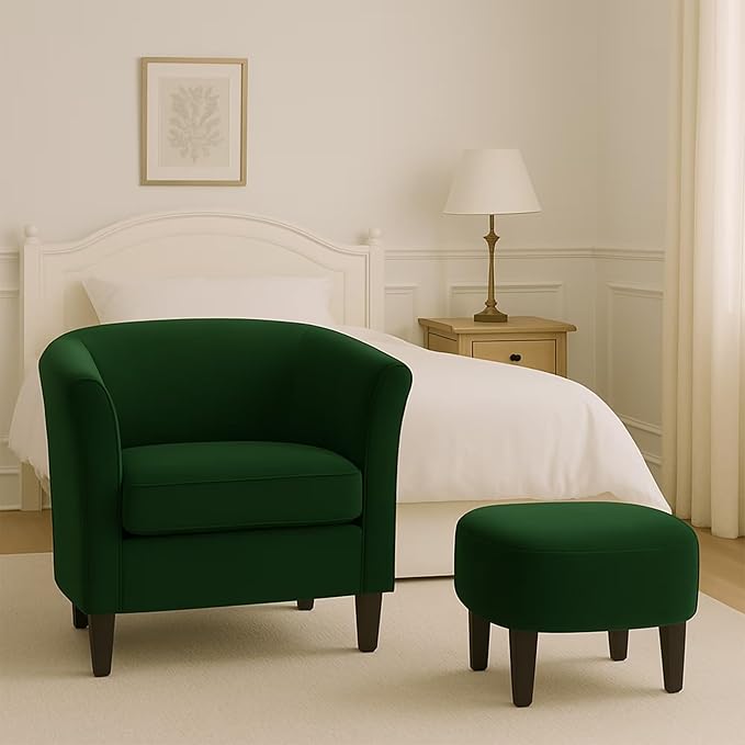 Velvet Accent Chair with Ottoman Modern Barrel Armchair Plush Lounge Chair for Living Room Bedroom Reading Nook 4 Colors (Green)